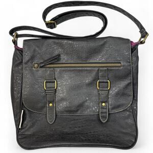 Vintage Airwalk Black Faux Leather Purple Interior Messenger Bag